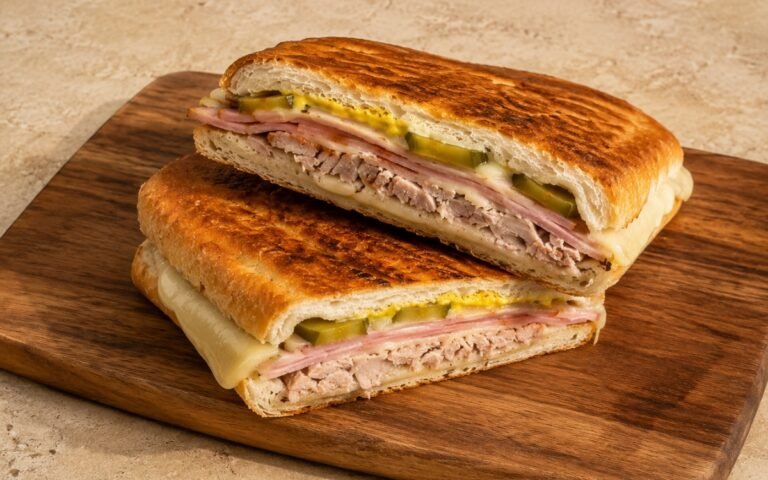 Pressed Cuban sandwich cut diagonally showing crisp golden bread, layered roast pork, smoked ham, melted Swiss cheese, and dill pickles in cross-section on marble surface
