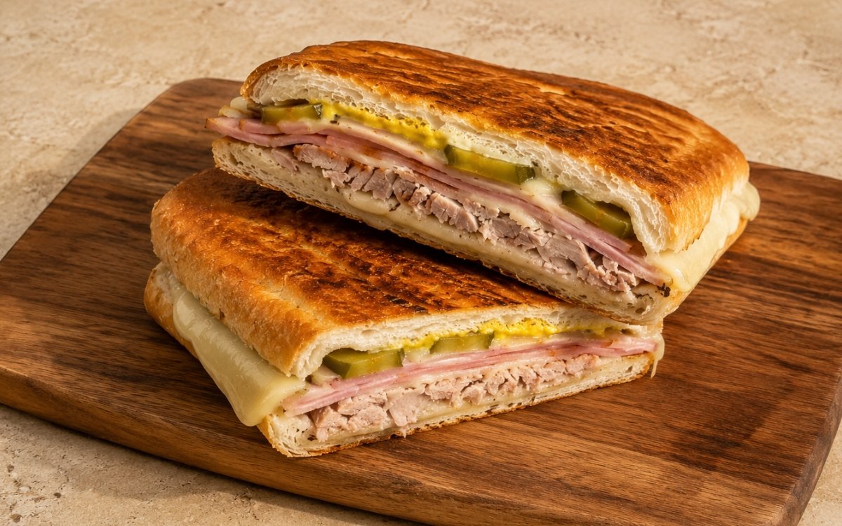 Pressed Cuban sandwich cut diagonally showing crisp golden bread, layered roast pork, smoked ham, melted Swiss cheese, and dill pickles in cross-section on marble surface