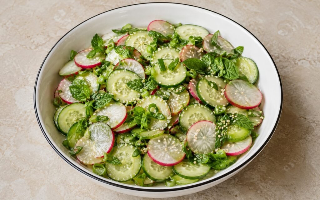 Fresh cucumber radish salad with sesame seeds and herbs in a white bowl