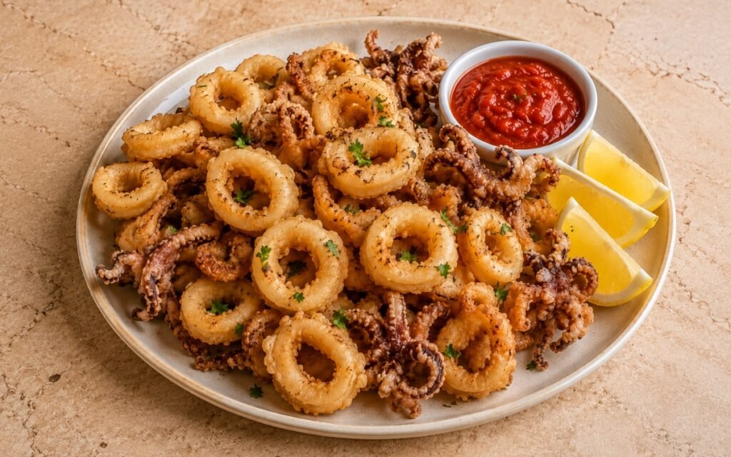 Pile of golden crispy fried calamari rings and tentacles garnished with fresh parsley, served with lemon wedges and a bowl of marinara sauce on marble surface