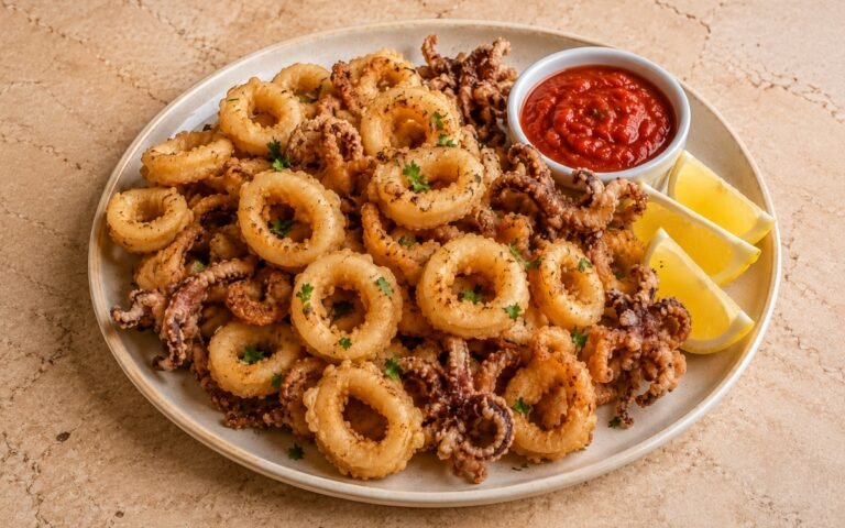 Pile of golden crispy fried calamari rings and tentacles garnished with fresh parsley, served with lemon wedges and a bowl of marinara sauce on marble surface