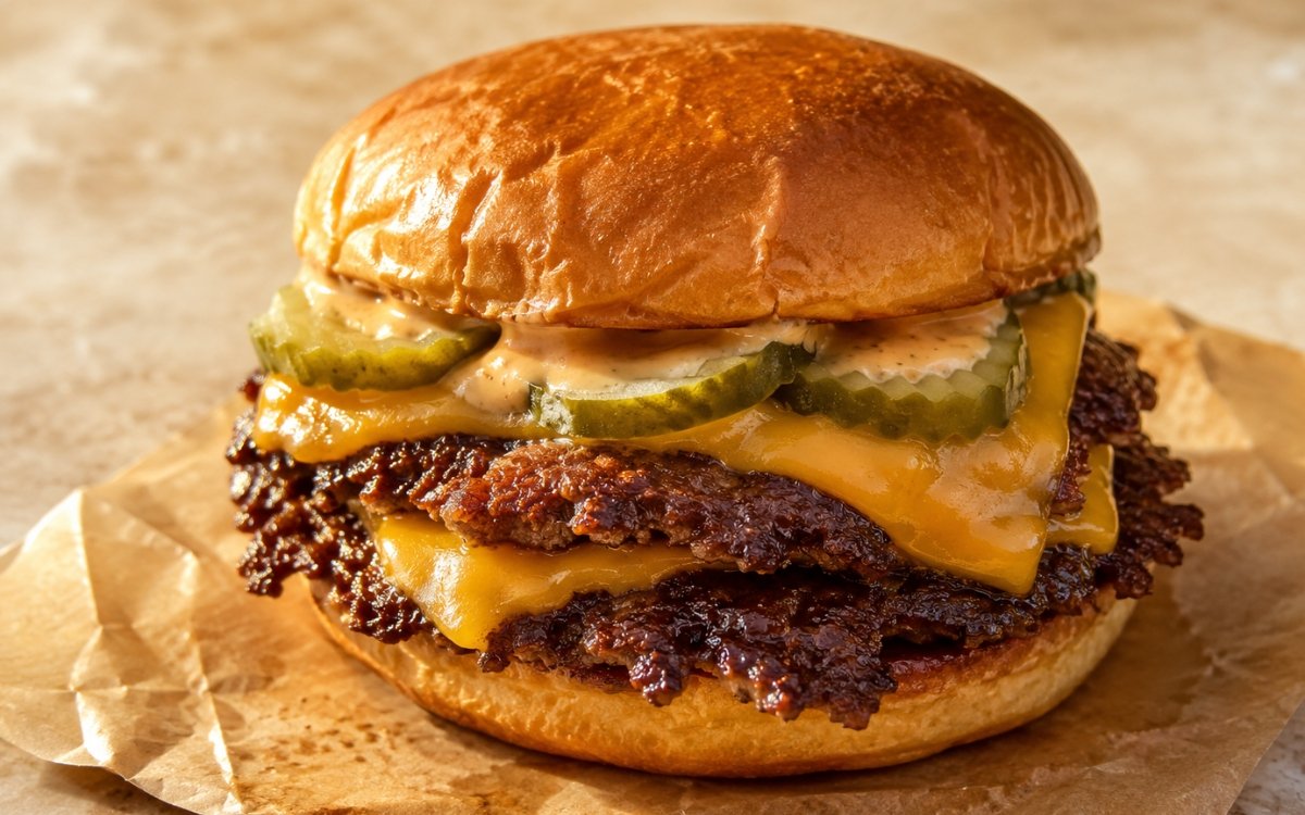 45-degree angle close shot on parchment paper on a warm light stone surface. A double smash burger on a buttery toasted bun — two thin crispy-edged beef patties with caramelized lacy crusts, two slices of melted American cheese draping, tangy burger sauce and dill pickle planks visible. The stacked patties and cheese the focus. Warm afternoon natural light, the crispy patty edges and melting cheese the visual.