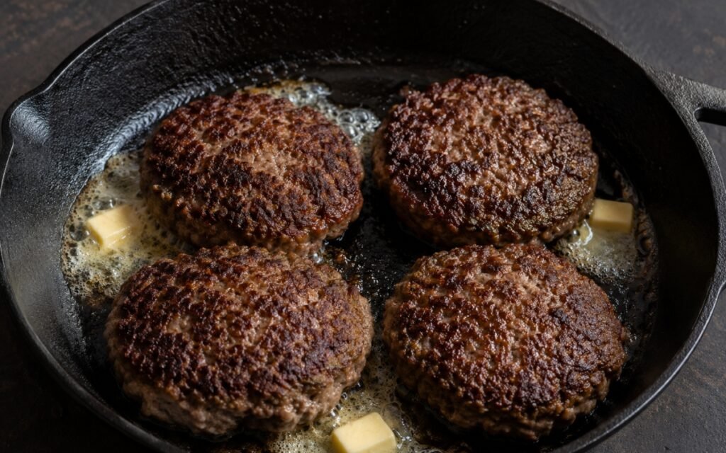 Easy ground beef patty in a cast iron pan showing a deeply caramelized crust with butter pooling around it