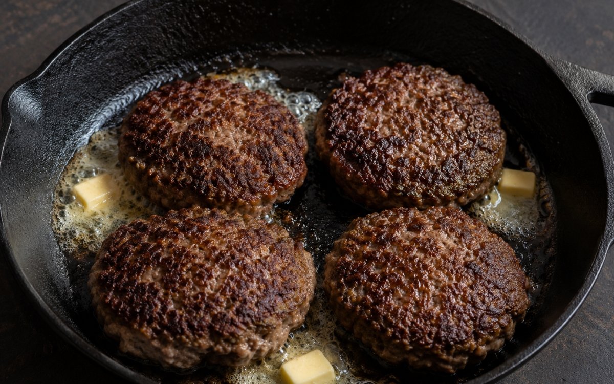 Easy ground beef patty in a cast iron pan showing a deeply caramelized crust with butter pooling around it