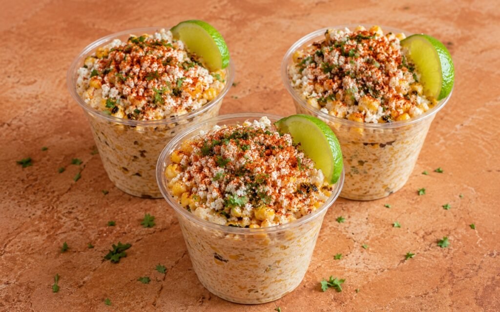 Cup of elote en vaso showing glossy charred corn kernels coated in creamy mayonnaise mixture, topped with crumbled cotija, red-orange chilli dusting, fresh cilantro, and a lime wedge on the rim on marble surface