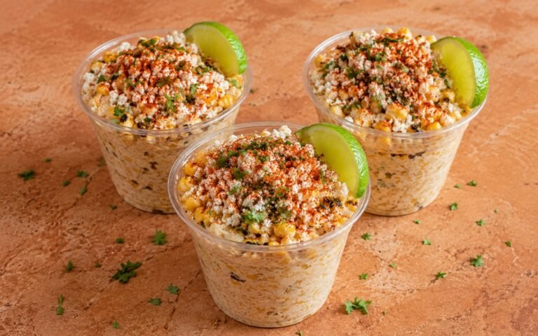 Cup of elote en vaso showing glossy charred corn kernels coated in creamy mayonnaise mixture, topped with crumbled cotija, red-orange chilli dusting, fresh cilantro, and a lime wedge on the rim on marble surface