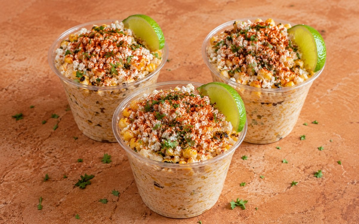 Cup of elote en vaso showing glossy charred corn kernels coated in creamy mayonnaise mixture, topped with crumbled cotija, red-orange chilli dusting, fresh cilantro, and a lime wedge on the rim on marble surface