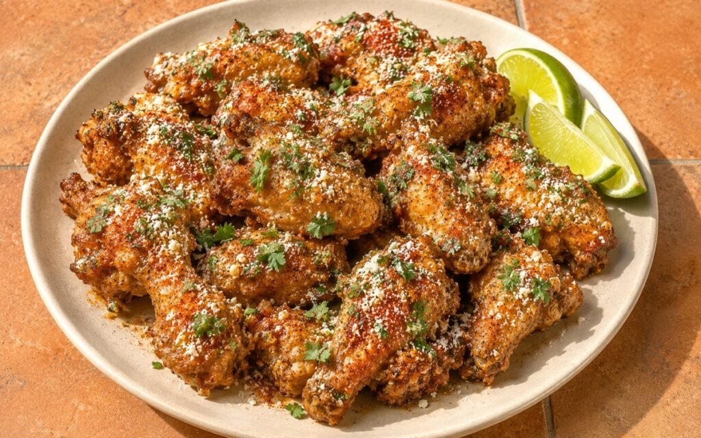 Crispy chicken wings coated in creamy elote-style sauce, topped with crumbled cotija cheese, vivid red chili powder, and fresh cilantro with lime wedges on marble surface
