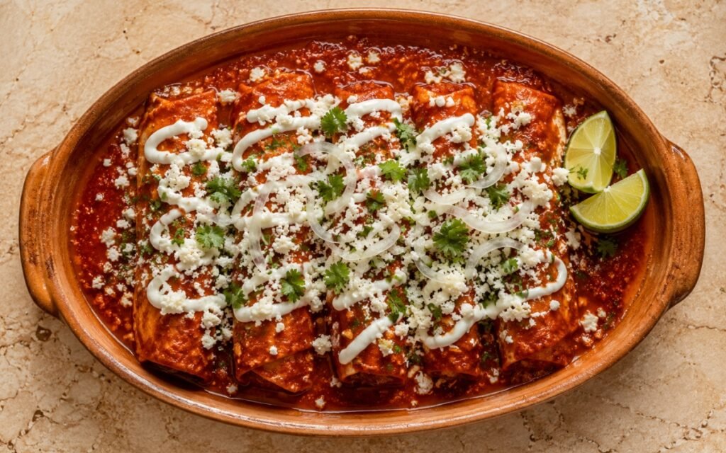 Baking dish of enchiladas rojas showing rolled corn tortillas fully coated in glossy deep red-orange chile sauce, topped with crumbled queso fresco, zigzag crema, thin onion rings, and fresh cilantro on marble surface