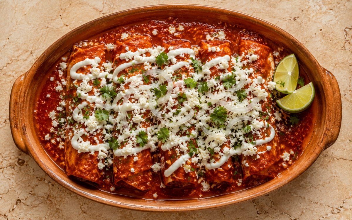 Baking dish of enchiladas rojas showing rolled corn tortillas fully coated in glossy deep red-orange chile sauce, topped with crumbled queso fresco, zigzag crema, thin onion rings, and fresh cilantro on marble surface