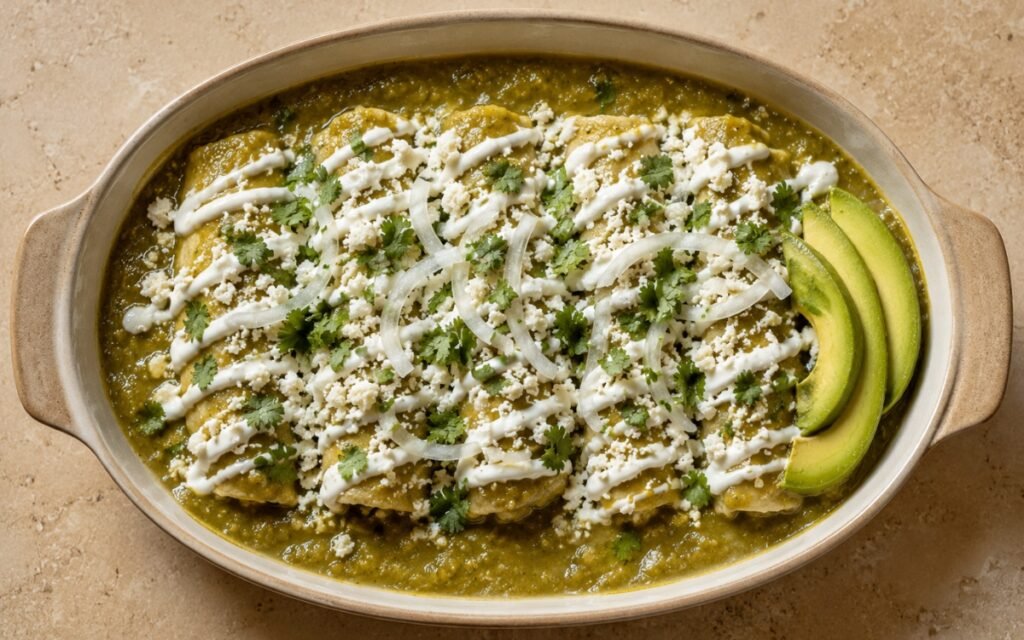 Baking dish of enchiladas verdes showing rolled corn tortillas fully coated in vivid green tomatillo sauce, topped with crumbled queso fresco, zigzag crema, thin onion rings, and fresh cilantro on marble surface