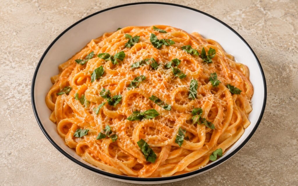 Fettuccine alla vodka in glossy vibrant pink-orange vodka cream sauce with torn fresh basil leaves and grated Parmigiano-Reggiano in a white ceramic bowl with black rim