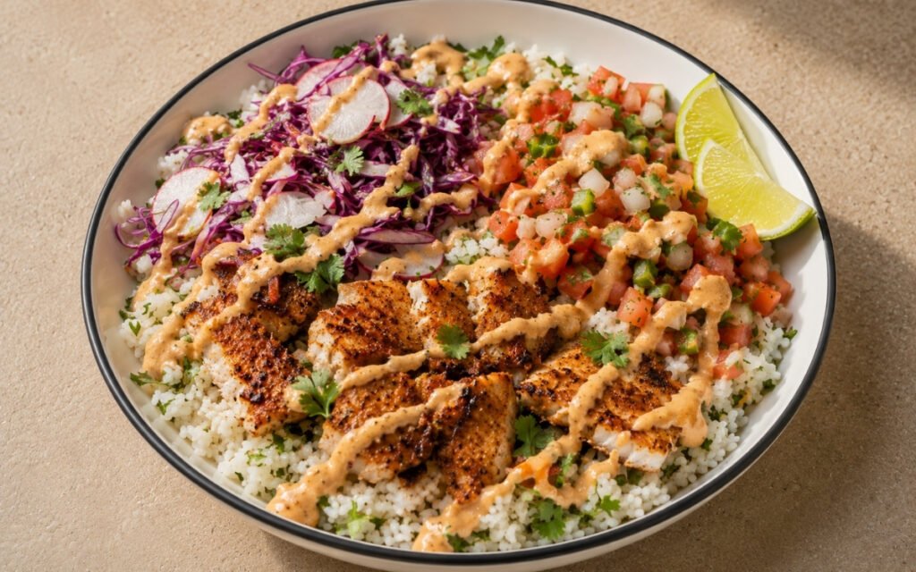 Fish taco-style bowl with spice-crusted white fish over cilantro-lime jasmine rice, purple cabbage slaw with radishes, chipotle crema, pico de gallo and lime wedges in a white ceramic bowl with black rim