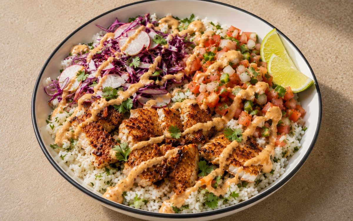 Fish taco-style bowl with spice-crusted white fish over cilantro-lime jasmine rice, purple cabbage slaw with radishes, chipotle crema, pico de gallo and lime wedges in a white ceramic bowl with black rim
