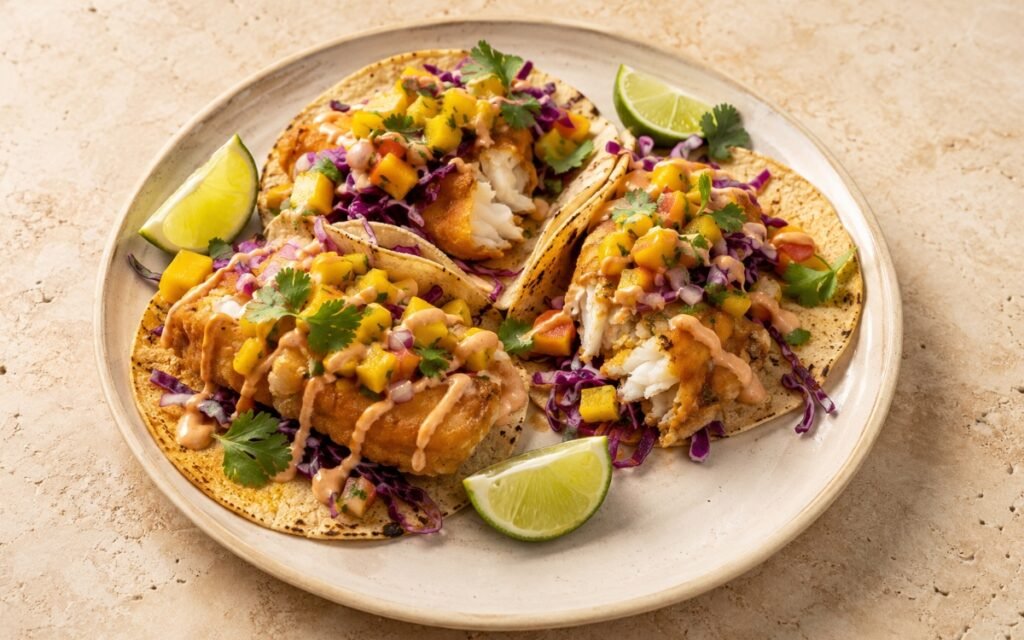 Open-faced fish tacos on small corn tortillas showing golden crispy battered cod, bright mango salsa, thin purple cabbage, and pale orange chipotle crema drizzle with fresh cilantro on marble surface