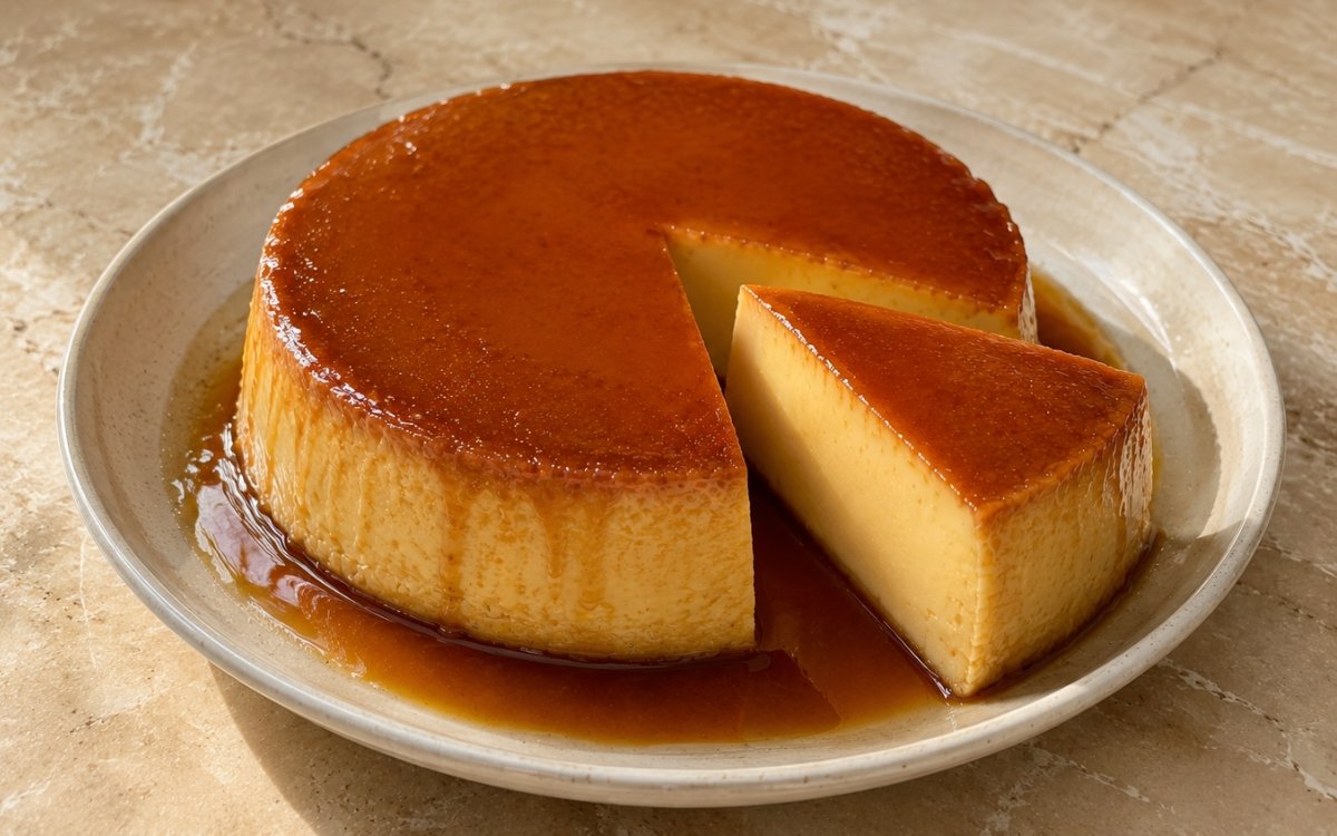 Whole round flan cake unmoulded on a plate showing glossy deep amber caramel pooling around pale golden custard, with one slice cut forward to reveal the smooth interior on marble surface