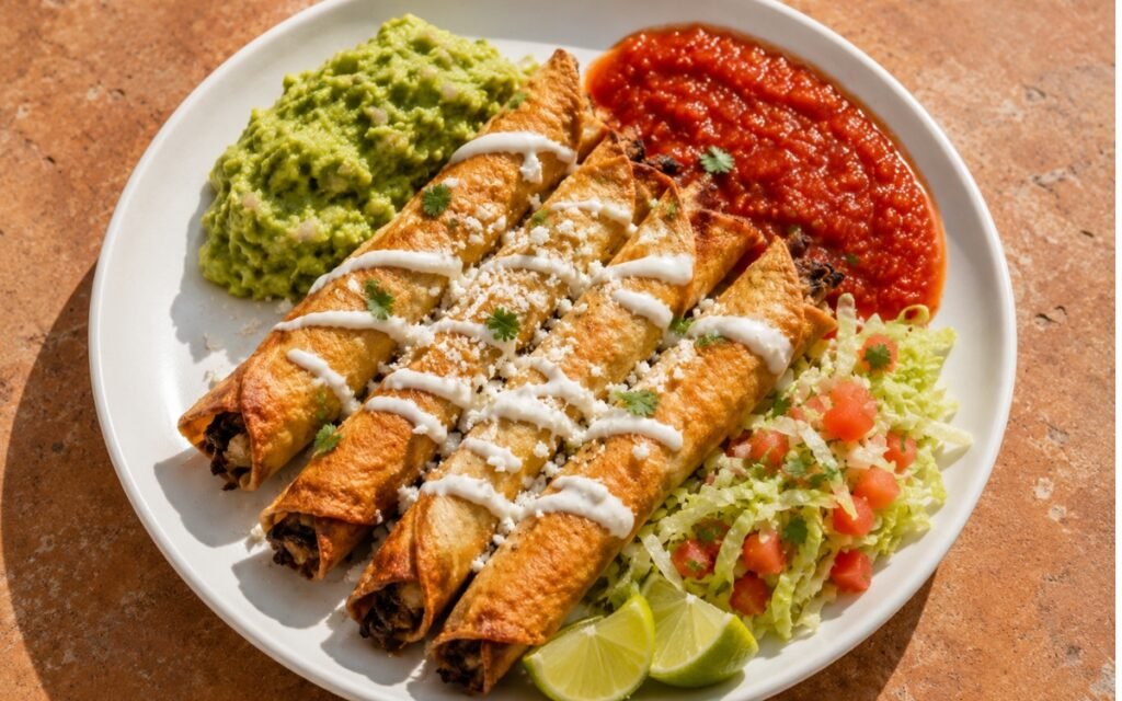 Fanned flautas de pollo showing golden crispy rolled tortillas beside chunky green guacamole and bright red salsa roja, with shredded lettuce, diced tomato, and crema drizzle on marble surface