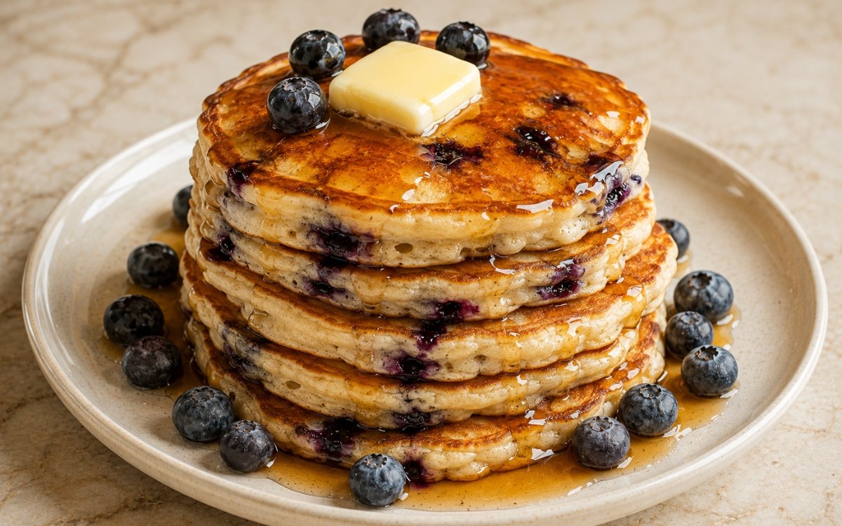 Blueberry buttermilk pancakes stacked tall on a white plate showing golden-edged pancakes with fresh blueberries visible throughout, a pat of butter melting on the top stack, and maple syrup drizzling down the sides on marble surface