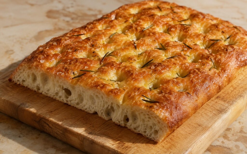 Focaccia on a wire rack showing deeply golden crust with za'atar seasoning, rosemary, and flaky salt with visible open crumb in cross-section on marble surface