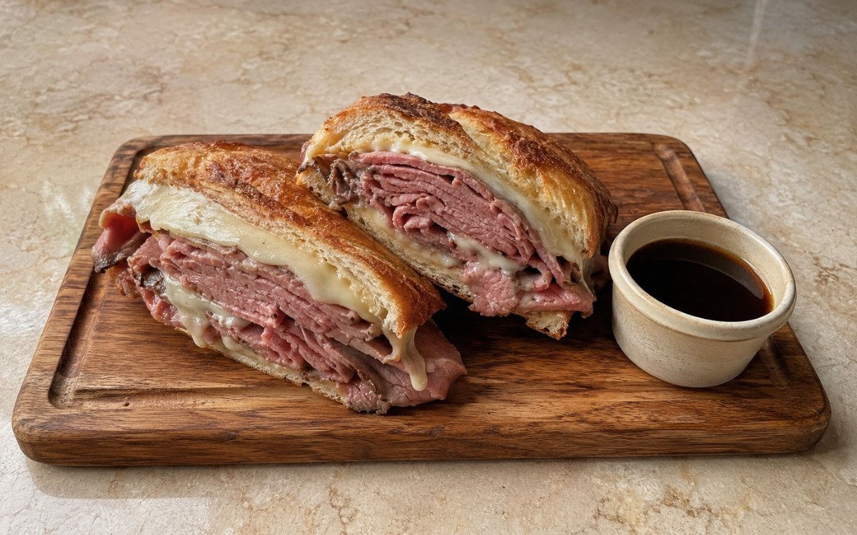French dip sandwich cut in half showing juicy pink roast beef and melted cheese in a crisp toasted hoagie roll, beside a small cup of dark amber au jus on marble surface