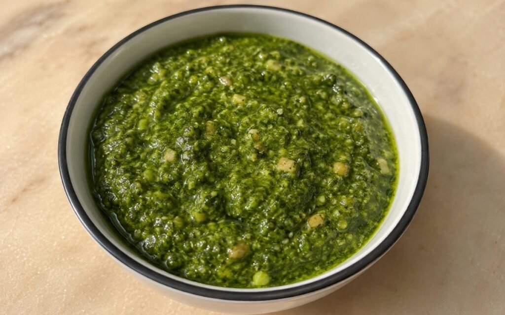 Bright green basil pesto in a white bowl with fresh basil leaves, pine nuts, and Parmesan beside it