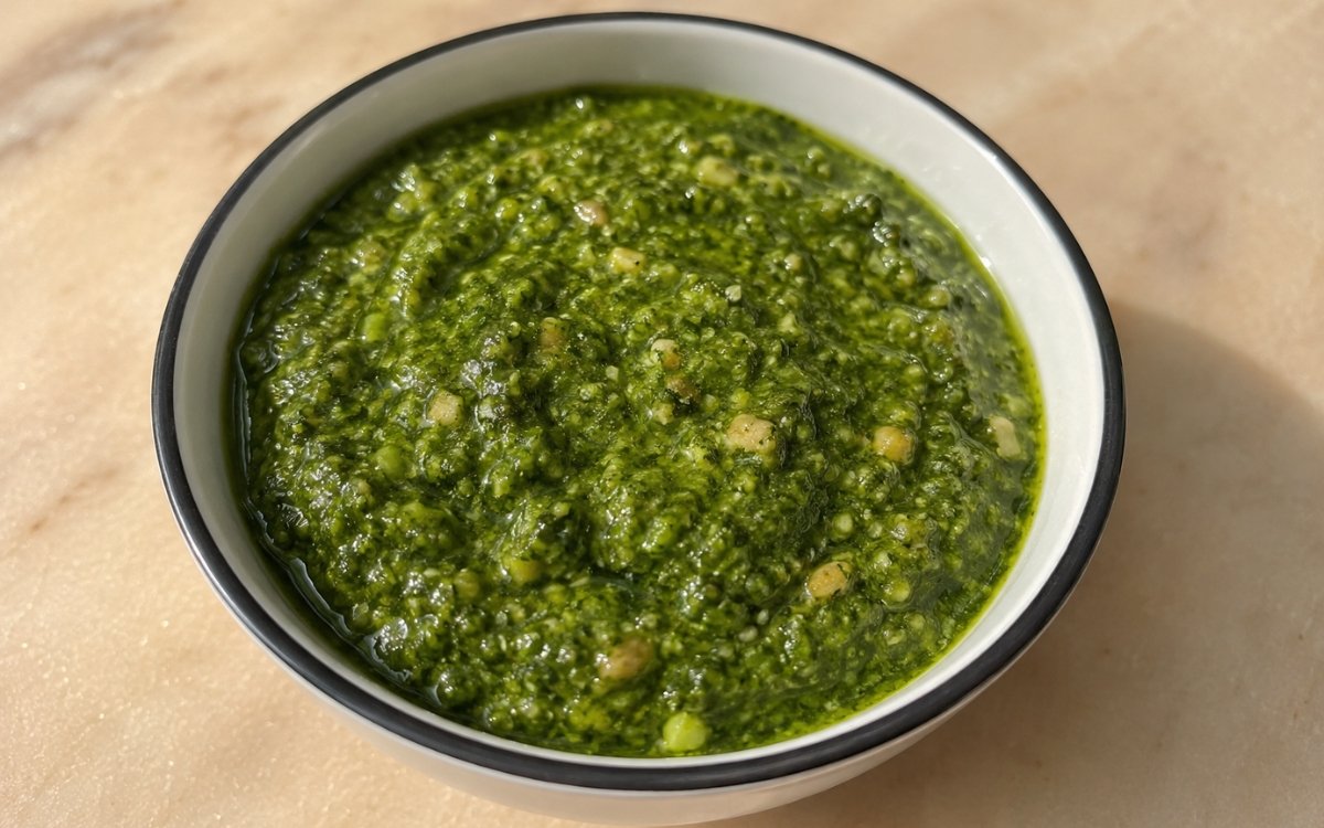 Bright green basil pesto in a white bowl with fresh basil leaves, pine nuts, and Parmesan beside it