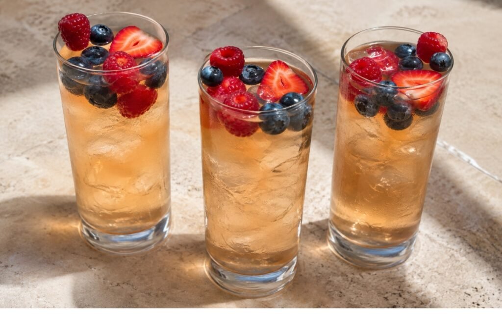 Fresh berry green iced tea in a tall glass showing pale pink-purple still drink over ice with fresh mixed berries on marble surface