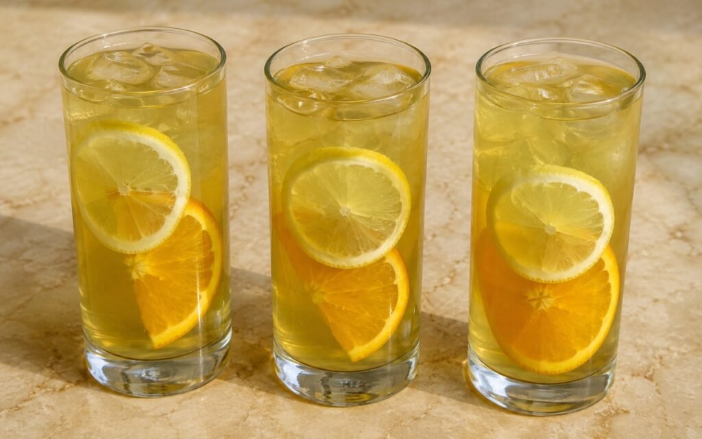 Fresh citrus green iced tea in a tall glass showing pale golden-green still drink over ice with thin lemon and orange slices on marble surface