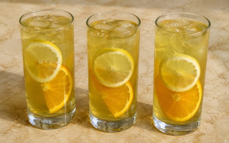 Fresh citrus green iced tea in a tall glass showing pale golden-green still drink over ice with thin lemon and orange slices on marble surface
