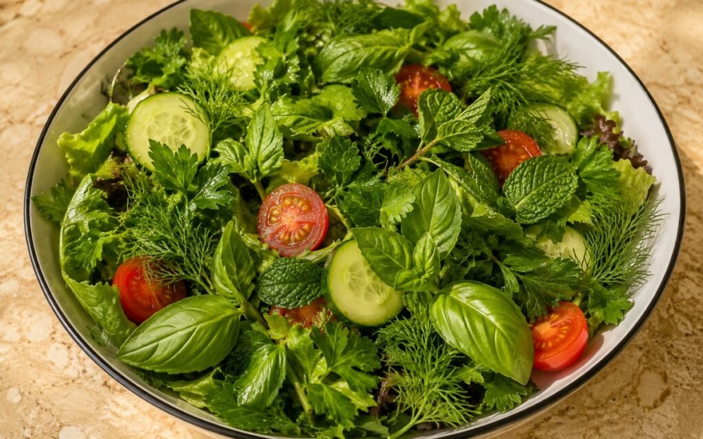 Bowl of fresh herb green salad with parsley, dill, basil, mint, cucumber, and cherry tomatoes