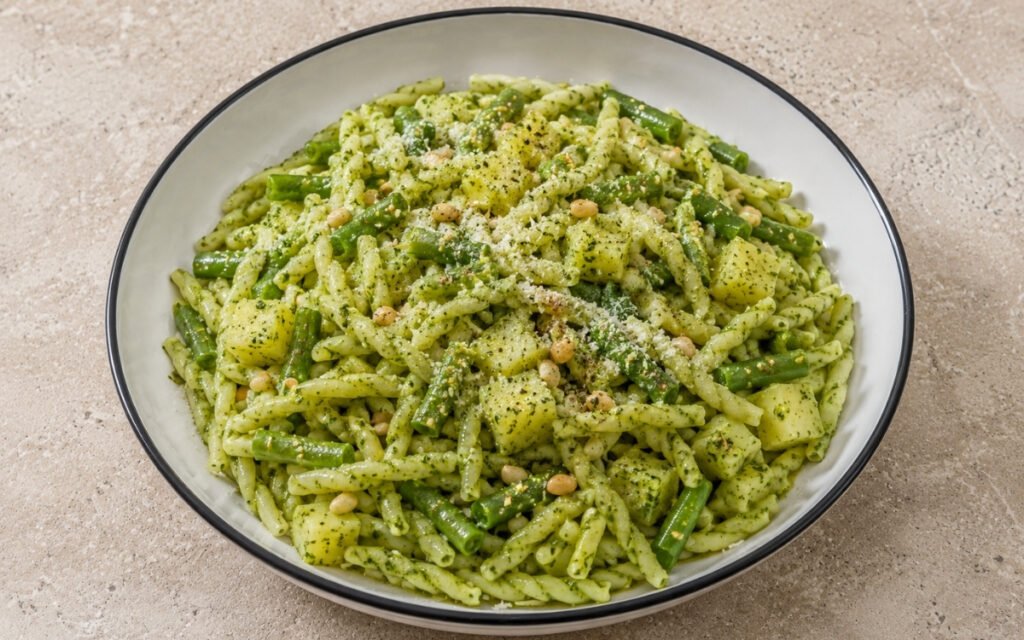 Basil pesto pasta with trofie coated in vivid green pesto with pine nuts, green beans and Yukon Gold potato cubes, Parmigiano-Reggiano and black pepper in a white ceramic bowl with black rim