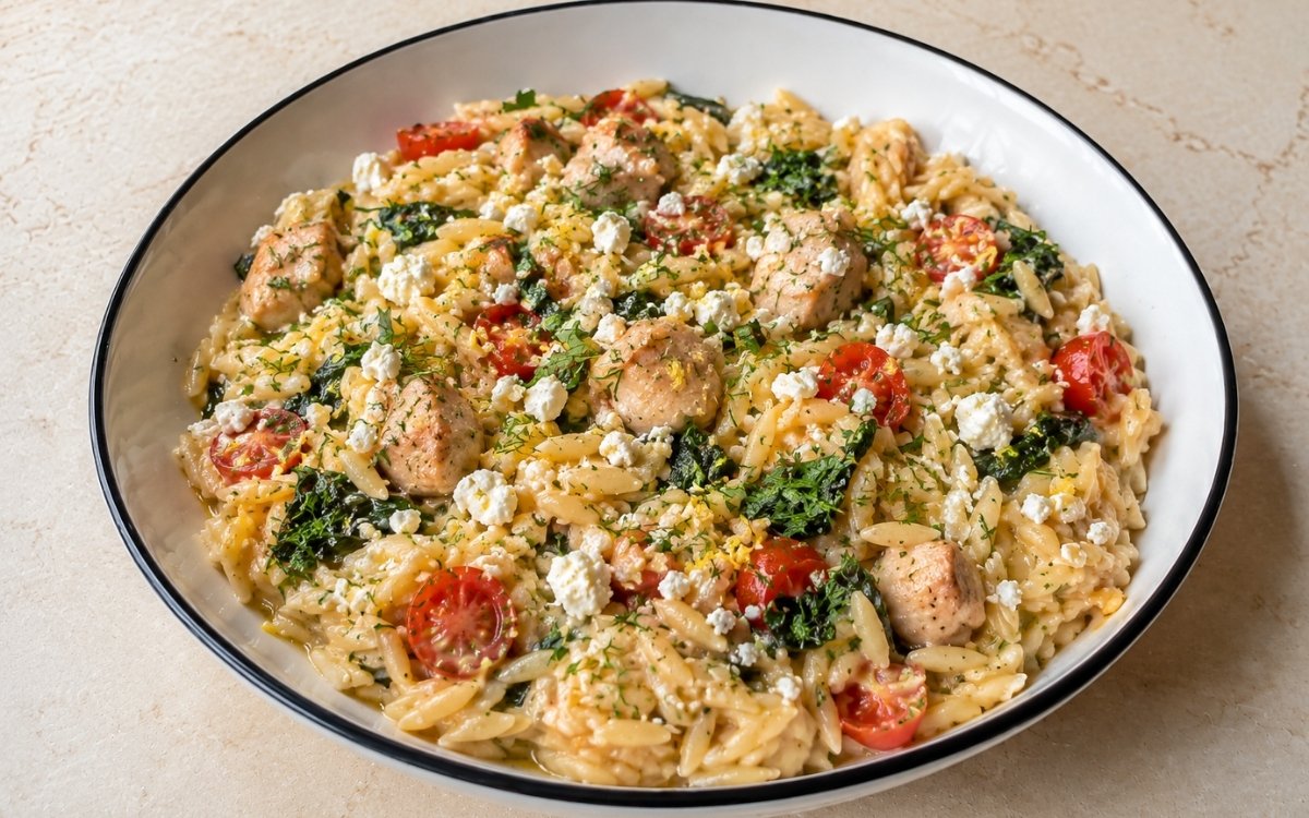 Fresh lemon chicken orzo with creamy orzo pasta, diced chicken thighs, halved cherry tomatoes, wilted spinach, crumbled feta, fresh dill and parsley in a white ceramic bowl with black rim
