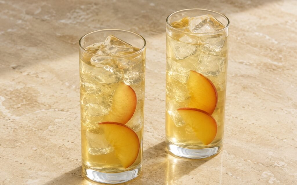Fresh peach green iced tea in a tall glass showing pale golden-green still drink over ice with fresh peach slices on marble surface