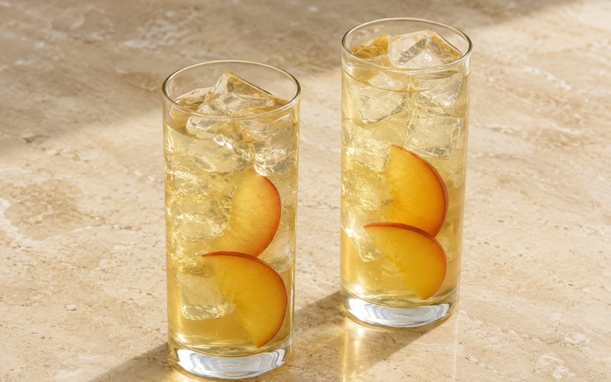 Fresh peach green iced tea in a tall glass showing pale golden-green still drink over ice with fresh peach slices on marble surface