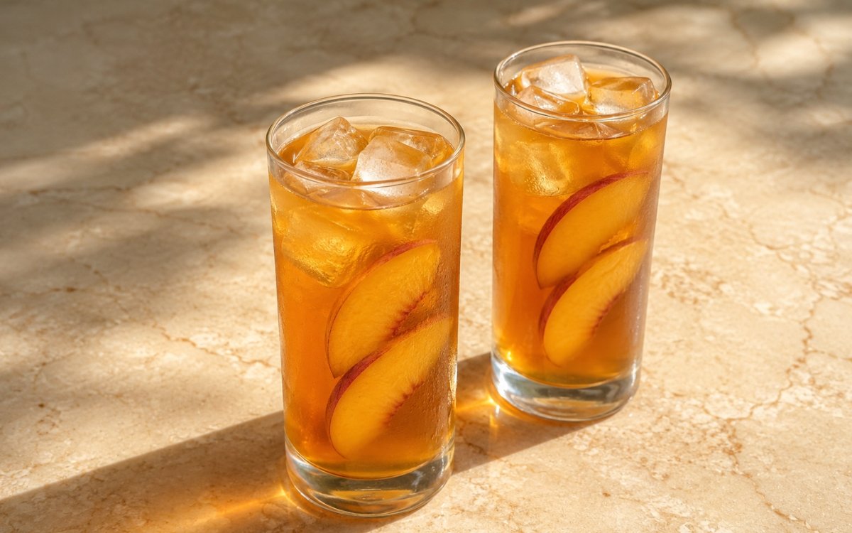 Fresh peach iced tea in a tall glass showing pale golden still drink over ice with fresh peach slices on marble surface