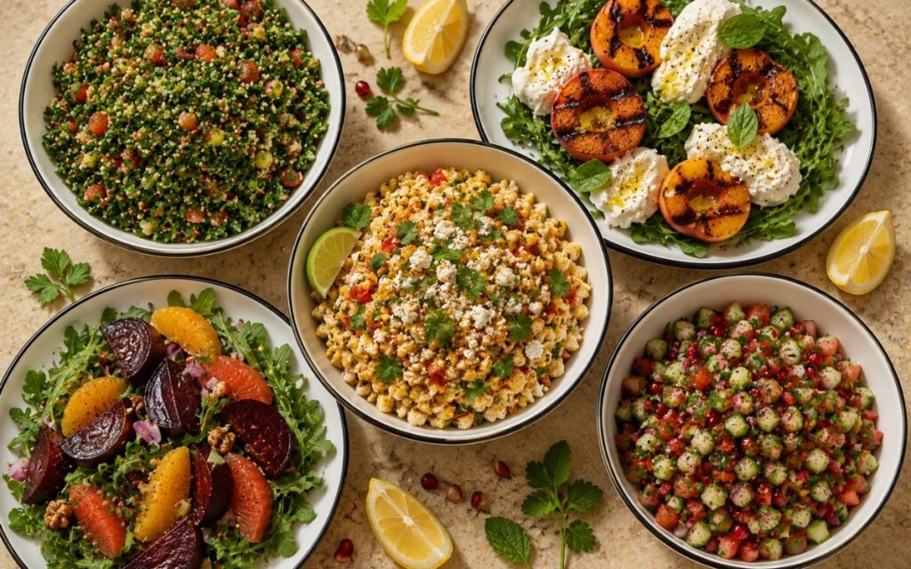 Fresh salads and light sides collection hero with vivid green tabbouleh, grilled peach and burrata salad, Mexican grilled corn salad with queso fresco, roasted beet citrus salad and Persian Shirazi salad in white ceramic bowls and plates with black rims on a warm beige marble surface in natural daylight