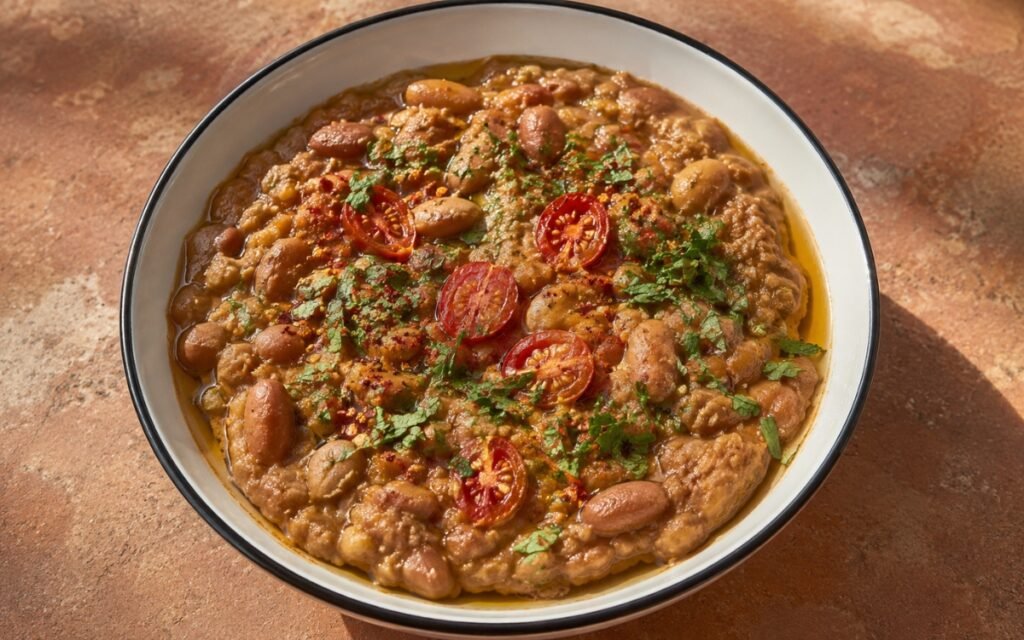 Ful medames in a shallow wide bowl showing thick, rustic partially mashed fava beans in spiced tomato base with olive oil drizzle, fresh parsley, chili flakes, and halved cherry tomatoes on marble surface