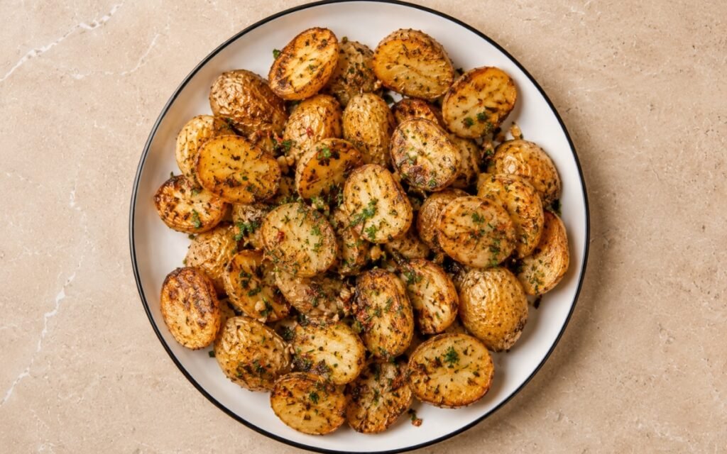 Garlic butter roasted potatoes golden and crispy garnished with fresh parsley