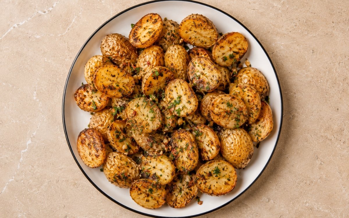 Garlic butter roasted potatoes golden and crispy garnished with fresh parsley