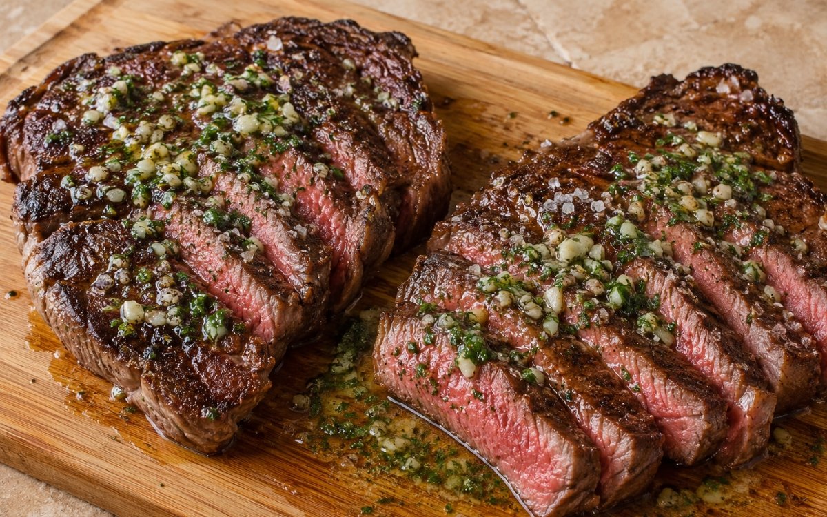 Garlic butter sirloin steak sliced against the grain on a wooden board with melted garlic butter pooling on top