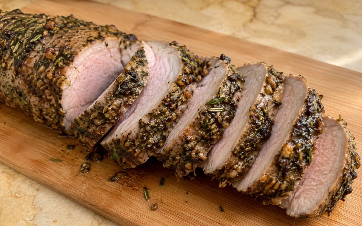 Garlic herb pork tenderloin sliced into medallions showing a golden aromatic herb crust