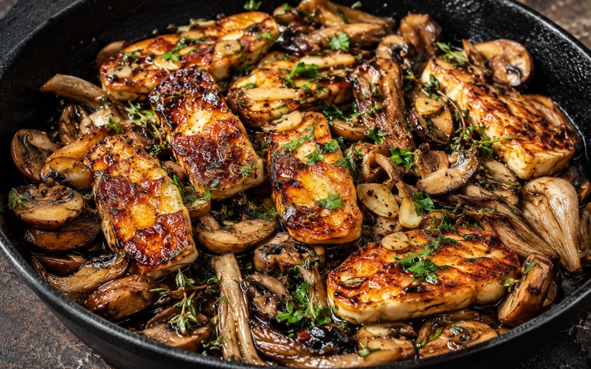 Garlic mushroom and halloumi skillet garnished with fresh parsley in a cast iron pan