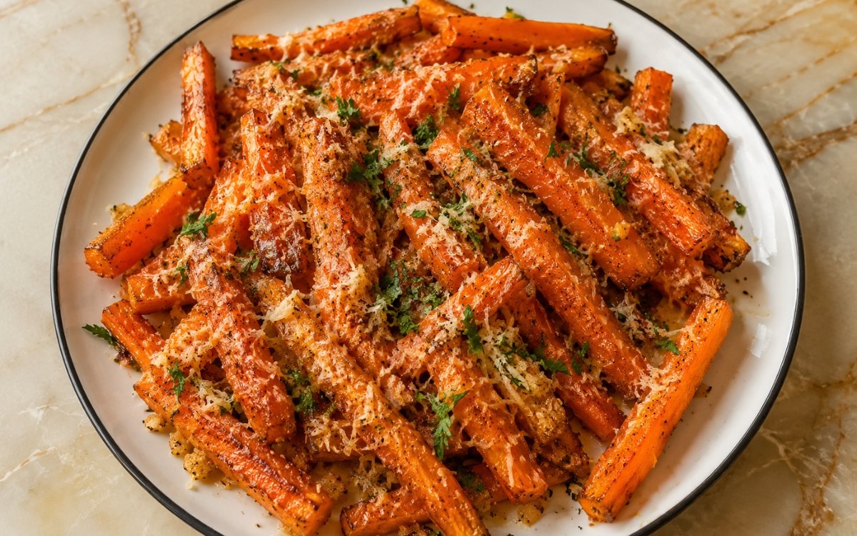 Garlic Parmesan carrot fries golden and crispy garnished with fresh parsley