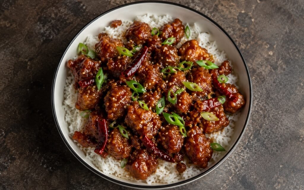 General Tso's chicken rice bowl in a wide bowl showing glossy sticky sauce-coated fried chicken pieces over fluffy jasmine rice with dried red chilies, sliced scallions, and sesame seeds on marble surface