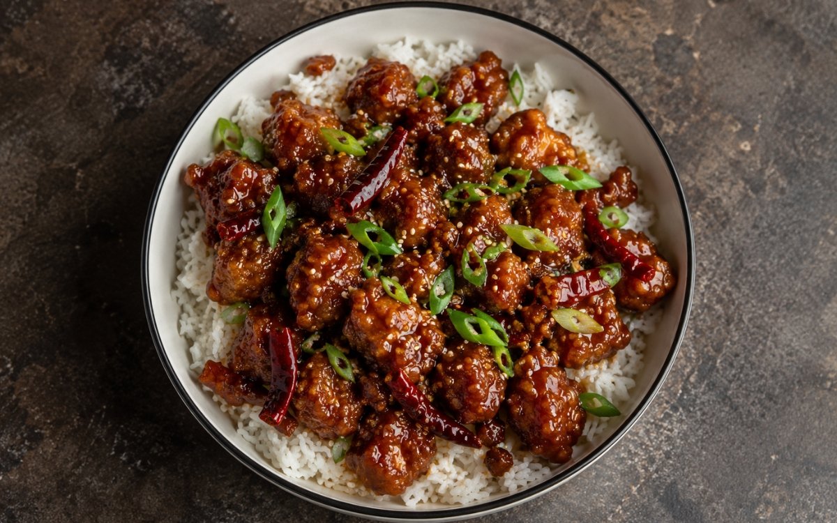 General Tso's chicken rice bowl in a wide bowl showing glossy sticky sauce-coated fried chicken pieces over fluffy jasmine rice with dried red chilies, sliced scallions, and sesame seeds on marble surface
