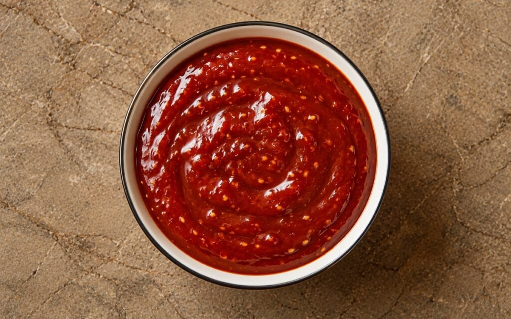 Gochujang honey sauce in a white bowl showing deep red-orange glossy sauce with sesame seeds