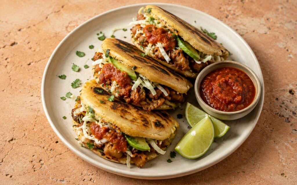 Gorditas split open showing thick golden masa pockets filled with crispy chicharrón, salsa roja, shredded white cabbage, and thin avocado slices on marble surface