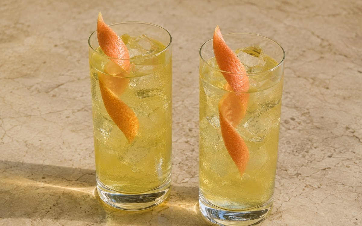 Grapefruit green iced tea in a tall glass showing pale golden-green still drink over ice with a grapefruit peel twist on marble surface