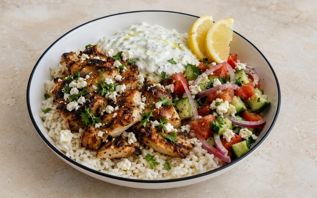 Greek chicken gyro rice bowl with marinated gyro chicken over basmati rice, cucumber-tomato salad, tzatziki, crumbled feta, parsley and olive oil drizzle in a white ceramic bowl with black rim