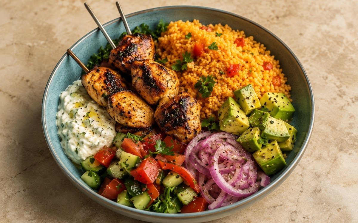 Overhead view of Greek chicken souvlaki Mediterranean bowl in a teal ceramic bowl with charred skewers, golden spiced couscous, tzatziki, pickled red onion rings, tomato-cucumber salad, and avocado on marble surface